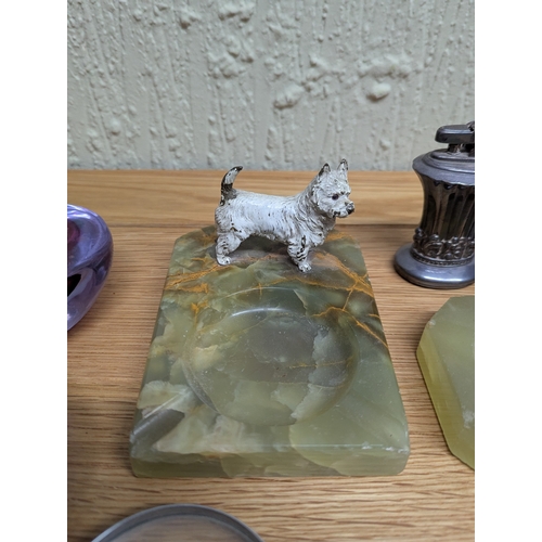 332 - Collectables to include a green onyx ashtray with cold painted bronze west highland white terrier, a... 