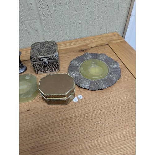 332 - Collectables to include a green onyx ashtray with cold painted bronze west highland white terrier, a... 