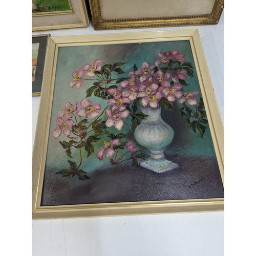 36 - Pictures to include six framed paintings comprising two oils on board by E Meek one depicting a hous... 