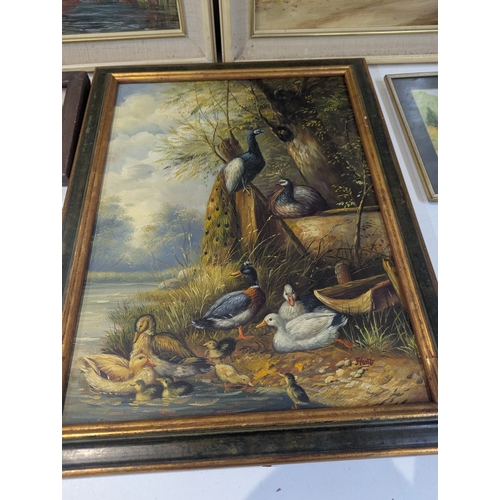 36 - Pictures to include six framed paintings comprising two oils on board by E Meek one depicting a hous... 