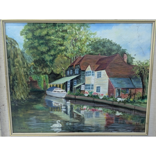 36 - Pictures to include six framed paintings comprising two oils on board by E Meek one depicting a hous... 