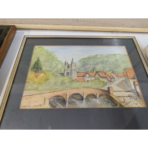 36 - Pictures to include six framed paintings comprising two oils on board by E Meek one depicting a hous... 