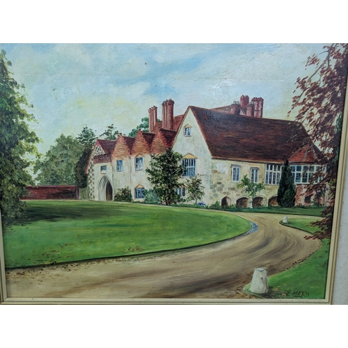 36 - Pictures to include six framed paintings comprising two oils on board by E Meek one depicting a hous... 