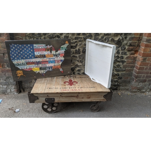 241 - A mixed lot to include a timber cart on wheels titled Paris La Maison du Chiarello 1965 No. 95 and o... 
