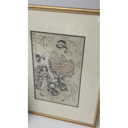 364 - Two framed Japanese woodblock prints 19th century, each depicting elegant ladies in traditional dres... 