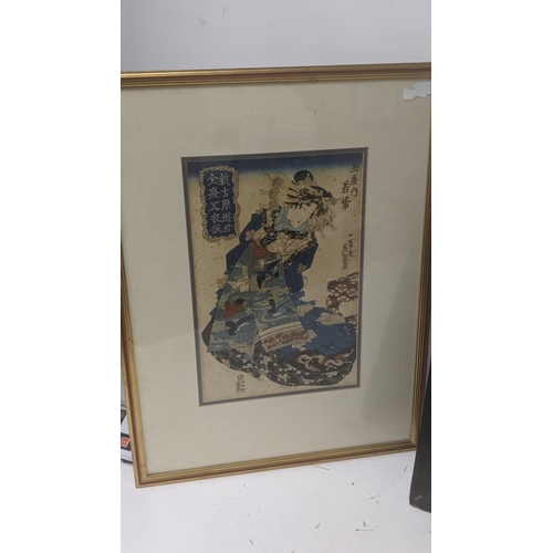 364 - Two framed Japanese woodblock prints 19th century, each depicting elegant ladies in traditional dres... 