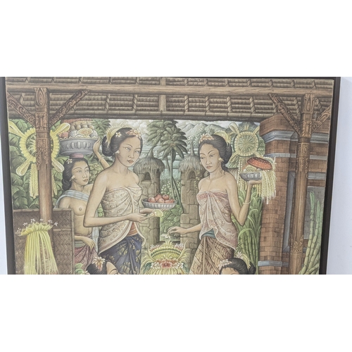 366 - A Gouache on canvas by Nyoman Ridhi depicting a traditional Indonesian scene, 90cm x 71cm including ... 