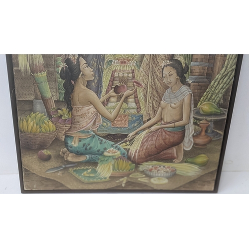 366 - A Gouache on canvas by Nyoman Ridhi depicting a traditional Indonesian scene, 90cm x 71cm including ... 