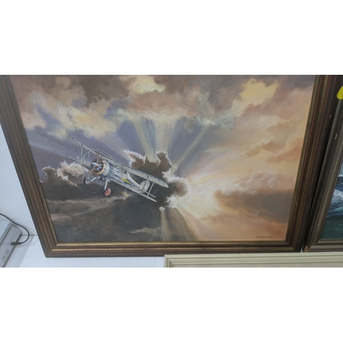 367 - Three framed oils on board by G.F Croker depicting battle cruisers, a walrus sea plane and a gypsy m... 