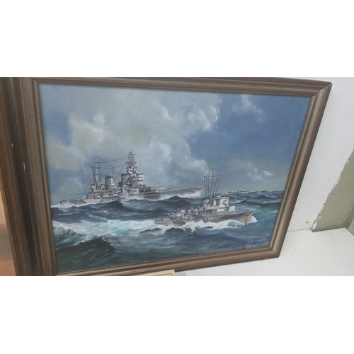 367 - Three framed oils on board by G.F Croker depicting battle cruisers, a walrus sea plane and a gypsy m... 