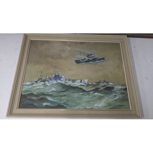 367 - Three framed oils on board by G.F Croker depicting battle cruisers, a walrus sea plane and a gypsy m... 