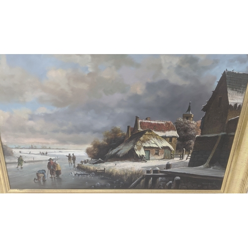 368 - Pieter Cornelis Steen Houwer, a Dutch oil on canvas depicting a frozen river scene with figures ice ... 