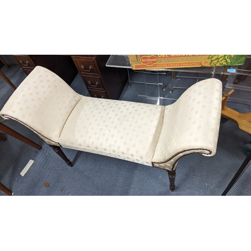 318 - A reproduction mahogany window seat having stud upholstery and on tapering fluted legs, 69.5cm h x 1... 