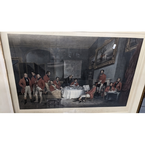 8 - Four pictures to include a coloured 19th century engraving entitled 'The Melton Breakfast'
Location:... 