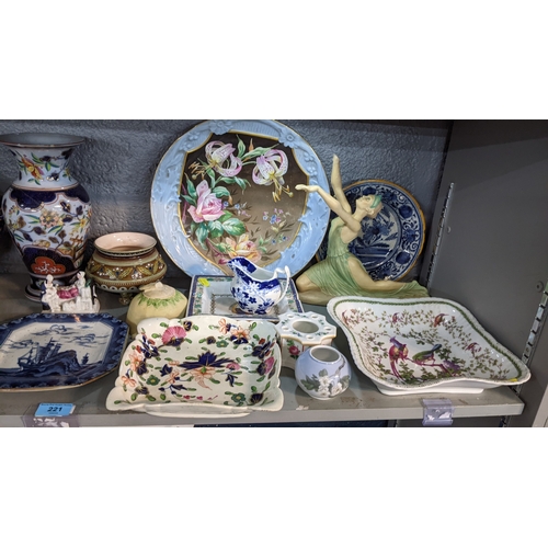 221 - A mixed lot of china and ceramics to include a Delft plate, Art Deco figure, a Sampson ashtray and o... 
