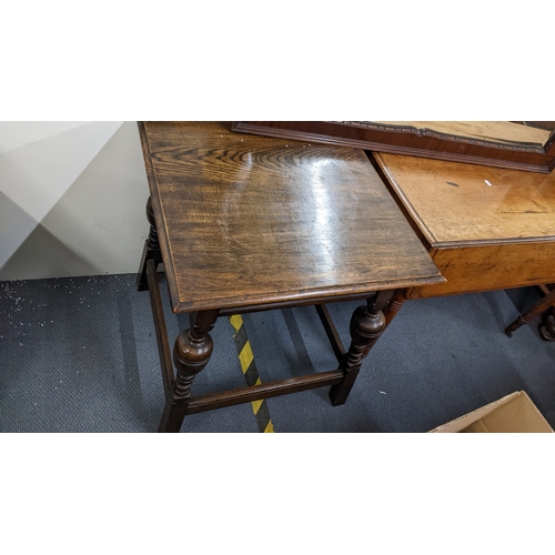 28 - Mixed furniture to include a 19th century fall flap table, an overmantel mirror and an oak table Loc... 