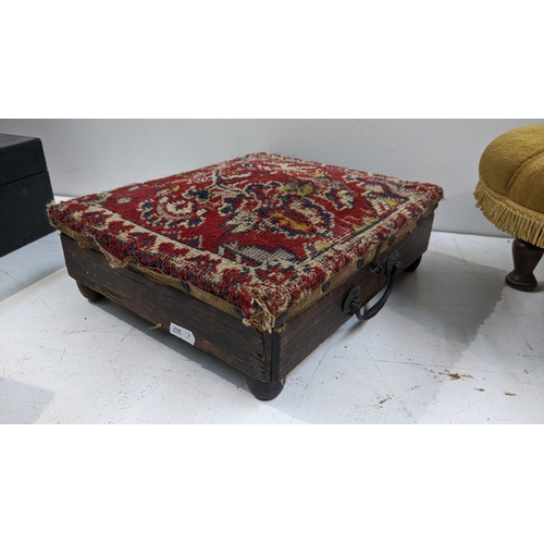 35 - Two stools to include a 19th century rosewood foot warmer stool having a hinged top enclosing a warm... 