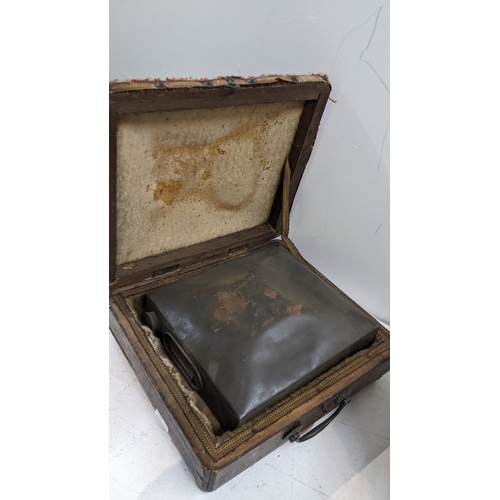 35 - Two stools to include a 19th century rosewood foot warmer stool having a hinged top enclosing a warm... 