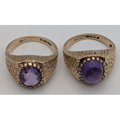 9 - Two 9ct yellow gold and amethyst signet rings, one set with a faceted oval cut amethyst and the othe... 