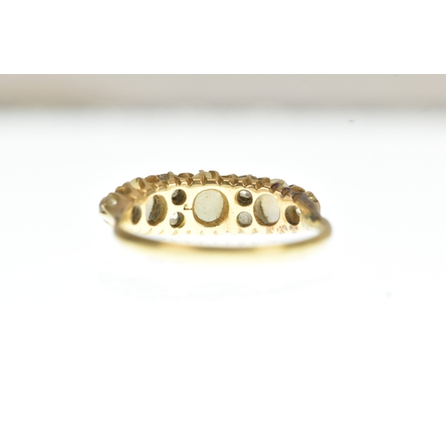 1 - A Victorian diamond and opal 18ct yellow gold ring, set with three graduated oval cabochon-cut opals... 