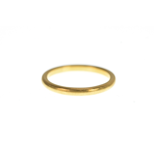 10 - A 22ct yellow gold wedding band, stamped 22 with British hallmarks, size N1/2, 3.8 grams. 
If there ... 