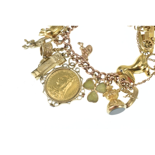 16 - A 9ct rose gold curb link charm bracelet, having a 9ct yellow gold, heart shaped padlock clasp and a... 