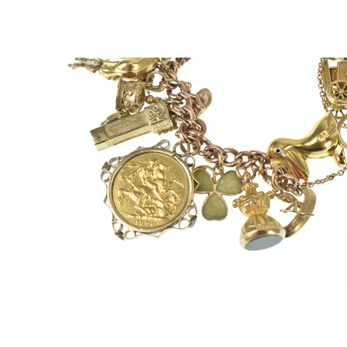 16 - A 9ct rose gold curb link charm bracelet, having a 9ct yellow gold, heart shaped padlock clasp and a... 