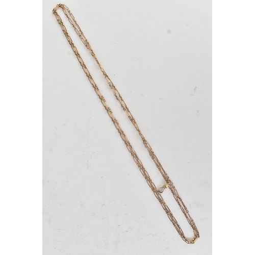 21 - A 9ct rose gold trombone link opera length chain, with bulldog clasp, stamped, 74cml, 34.4g
Location... 