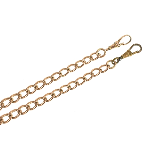22 - A 9ct rose gold curb link pocket watch chain, with a 9ct rose gold T-bar, a rose coloured metal bull... 