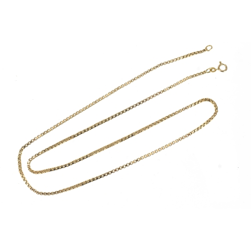 23 - A 9ct yellow gold box link necklace with spring ring clasp, stamped 375, 63.5cm l, 15.6g
Location: I... 
