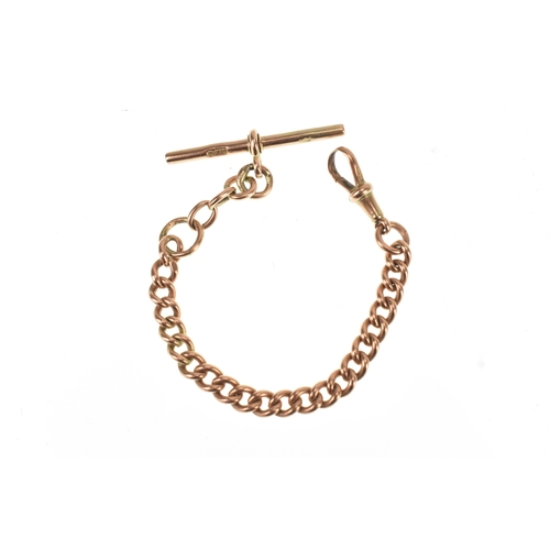 24 - A 9ct rose gold curb link pocket watch chain, with 9ct gold T-bar and bulldog clasp, 15cm l, 14.2g
L... 