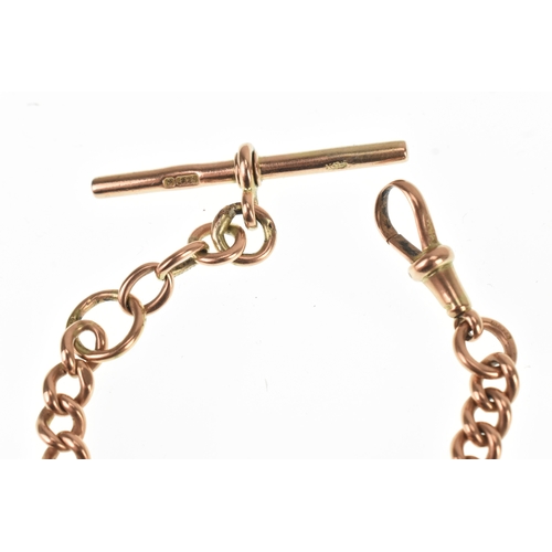 24 - A 9ct rose gold curb link pocket watch chain, with 9ct gold T-bar and bulldog clasp, 15cm l, 14.2g
L... 