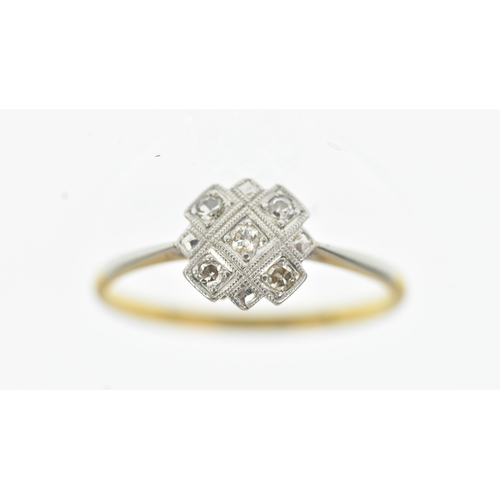 26 - An Art Deco diamond 18ct yellow gold and platinum cluster ring, of geometric design, set with five s... 