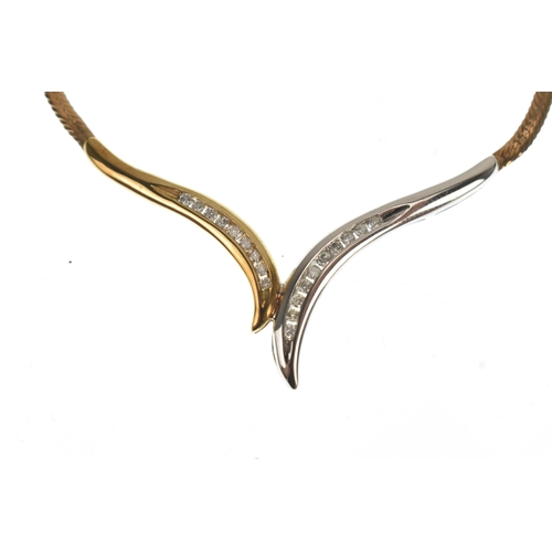 29 - A 9ct yellow and white gold V shaped herringbone choker necklace, with 19 small channel set brillian... 