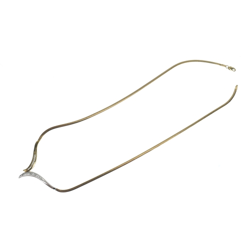 29 - A 9ct yellow and white gold V shaped herringbone choker necklace, with 19 small channel set brillian... 