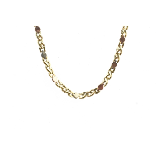 5 - A 9ct tri coloured fancy link necklace, with alternating rose gold and white gold links with polishe... 