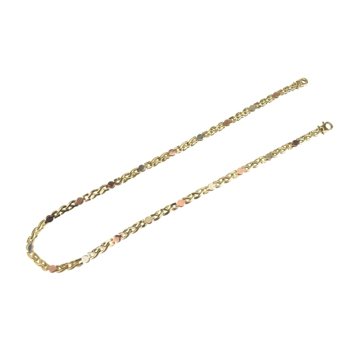 5 - A 9ct tri coloured fancy link necklace, with alternating rose gold and white gold links with polishe... 