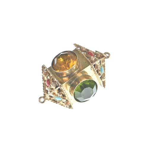 6 - 9ct yellow gold novelty lantern charm pendant, with bezel set multi-coloured faceted cut cabochons, ... 