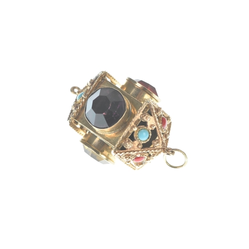 6 - 9ct yellow gold novelty lantern charm pendant, with bezel set multi-coloured faceted cut cabochons, ... 
