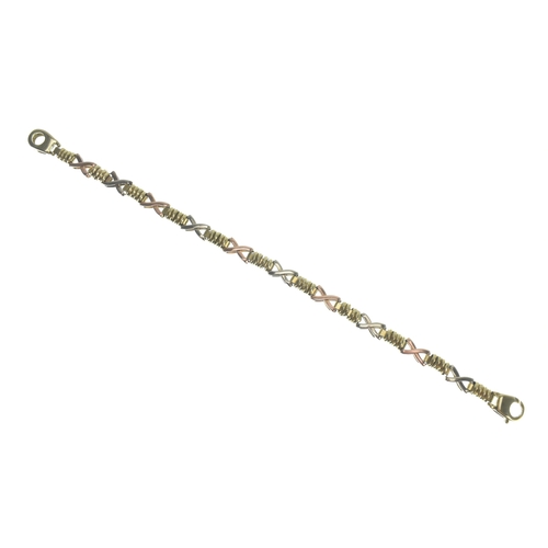 7 - A 9ct gold tri coloured hugs and kisses (XO) link bracelet, having a lobster claw clasp, stamped 375... 