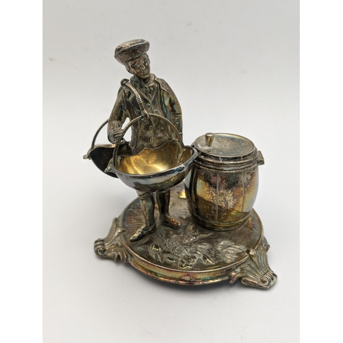 A white cruet stand in the form of a man holding two baskets and stood next to a barrel, total weight 99.0 g
Location:
If there is no condition report shown, please request