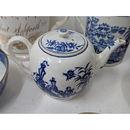 13 - 18th century and later English ceramics to include a Worcester blue and white chinoiserie pattern te... 