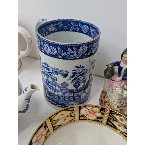 13 - 18th century and later English ceramics to include a Worcester blue and white chinoiserie pattern te... 
