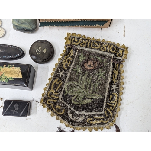 14 - Mixed collectables to include five Bakelite napkin rings having silver mounts, a Victorian black pap... 