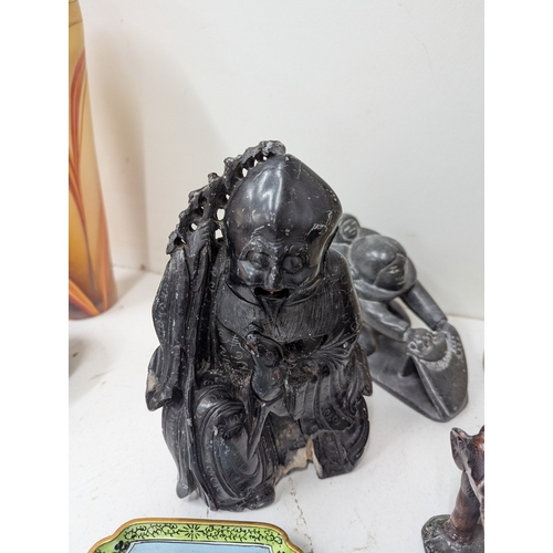 15 - A mixed lot to include a 19th century Chinese blue and white dish, an Oriental soapstone figure, a p... 