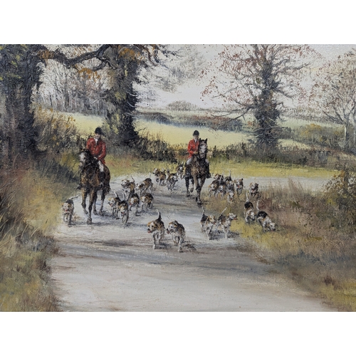31 - Audrey Knight - oil on canvas depicting a hunting scene with people on horseback and hounds to the f... 