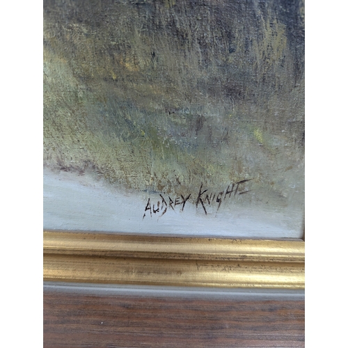 31 - Audrey Knight - oil on canvas depicting a hunting scene with people on horseback and hounds to the f... 