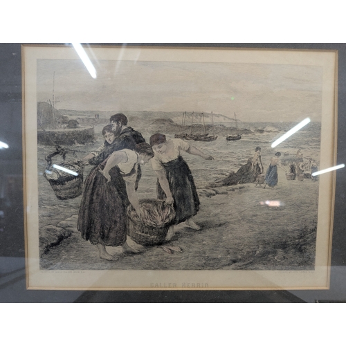 32 - Four framed and glazed pictures to include an etching by James Clarke Hook, etched by OHO Theodore L... 