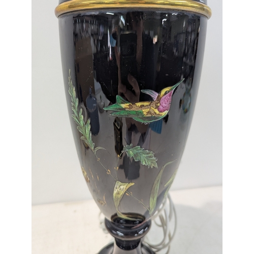 33 - A J Hinks and Sons ceramic and enamelled converted oil lamp, decorated with birds and flowers
Locati... 