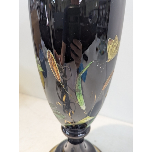 33 - A J Hinks and Sons ceramic and enamelled converted oil lamp, decorated with birds and flowers
Locati... 